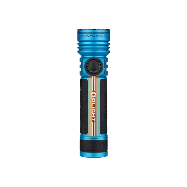 Olight Blue Seeker 4 Pro Flashlight Front View with Textured Grip and Stripes for Outdoor Illumination