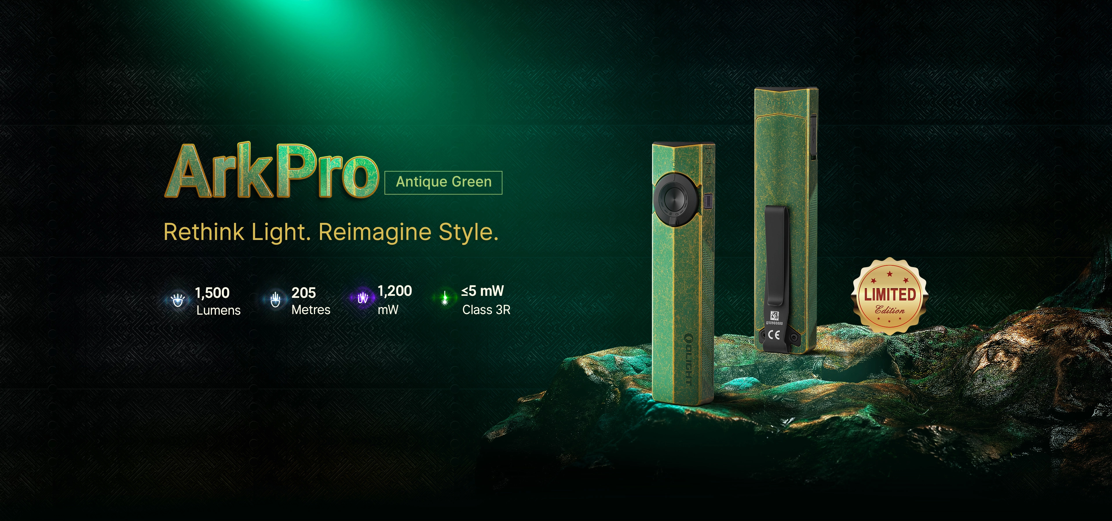 ArkPro Flat EDC Flashlight 1500lm UV Laser Antique Green Limited - Olight