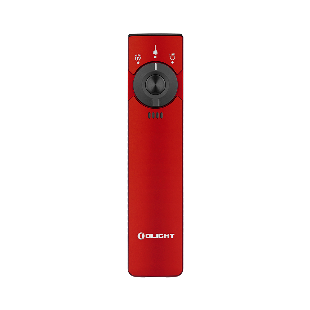 Olight Arkfeld Pro flat flashlight in red with UV light, laser, and white LED selector switch.