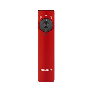 Olight Arkfeld Pro flat flashlight in red with UV light, laser, and white LED selector switch.