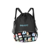 Olight Black TINY SHOWER Drawstring Backpack Front View with Colorful Patches and Mesh Pockets for Outdoor Travel and Gym Useof