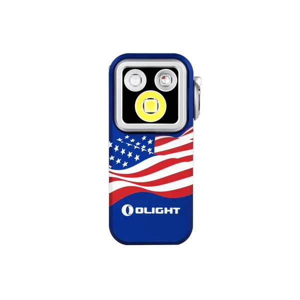 Olight Oclip Pro S in USA flag pattern, showcasing its durable build and triple light sources for versatile use.