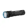 Olight Seeker 4 Pro flashlight with blue bezel, black textured body, and side switch on a white background