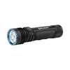 Olight Black Seeker 4 Pro flashlight side view with blue bezel and textured grip for powerful illumination.