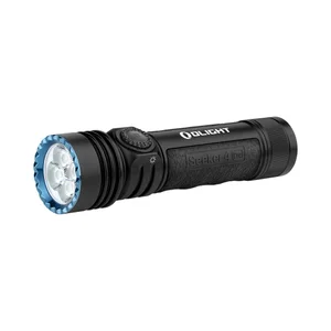 Olight Seeker 4 Pro flashlight with blue bezel, black textured body, and side switch on a white background