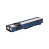 Olight blue and white flat EDC flashlight with pocket clip, USB port, and dual-lens LED isolated on white background