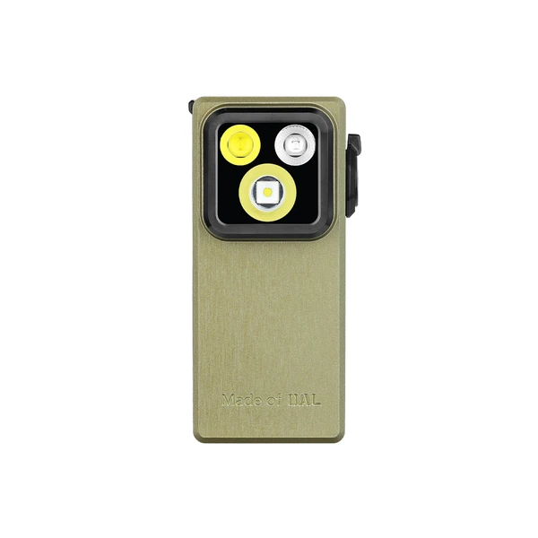 Olight Olive Green Oclip Ultra front view with multiple LEDs for clip-on utility lighting