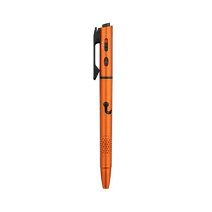 Orange tactical pen with integrated flashlight, power button, pocket clip, and textured grip.