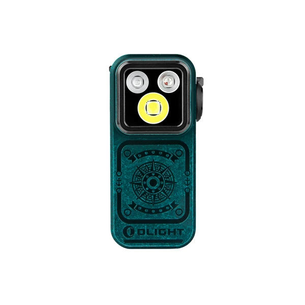 Olight Teal Blue Oclip Pro S Clip-On Light Front View with Compass Pattern for Outdoor EDC Gear
