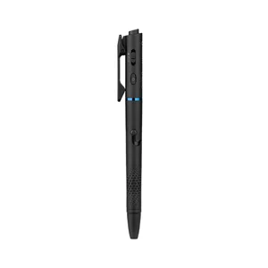 Black tactical pen with integrated flashlight, laser, pocket clip, and textured grip.