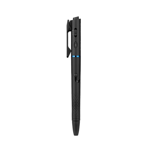 Black tactical pen with integrated flashlight, laser, pocket clip, and textured grip.