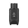 Compact black tactical weapon light bottom view showing CE mark and caution hot warning label on white background