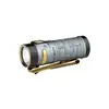 Olight Gray Baton 4 Premium flashlight side view with gold accents and a pocket clip for everyday carry