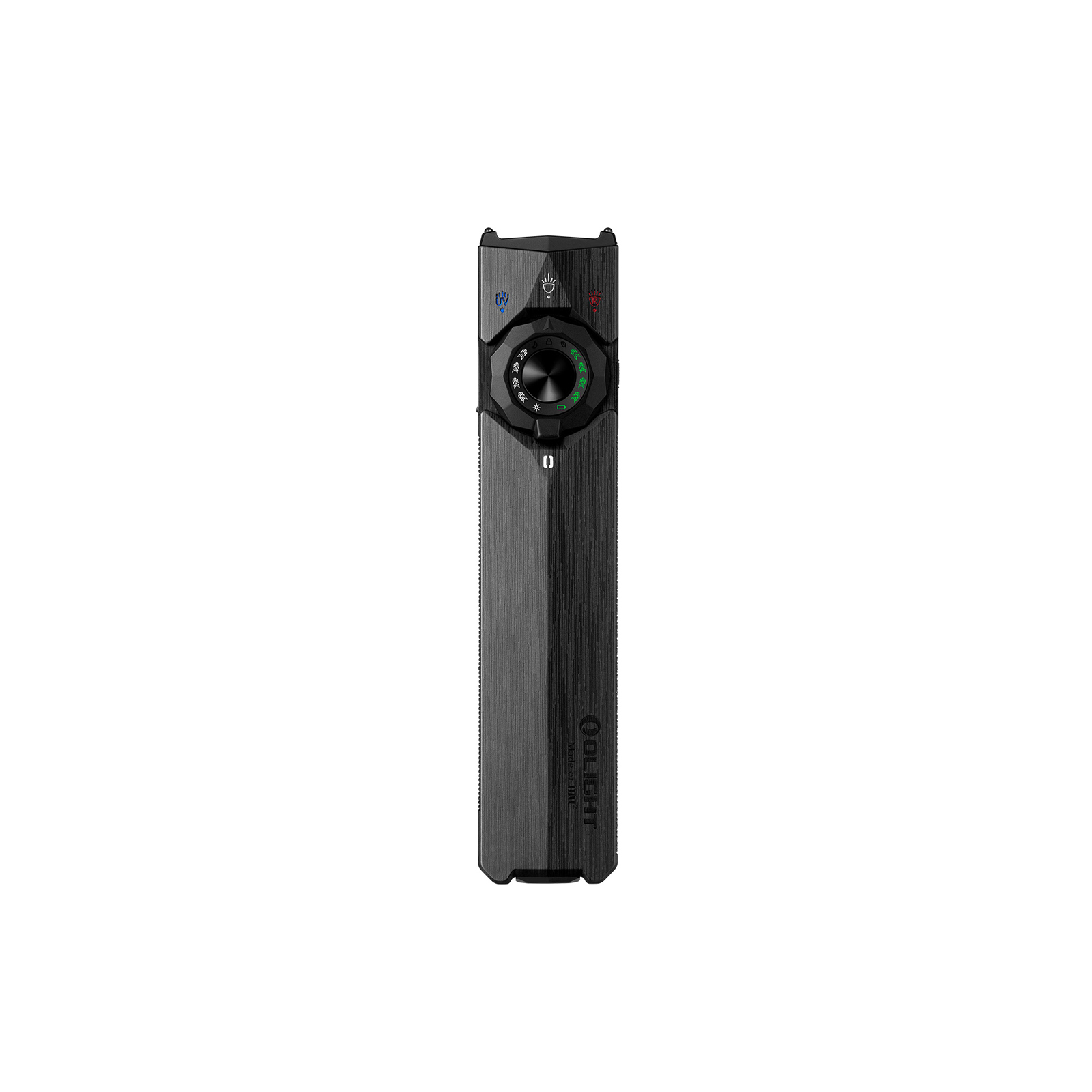 Olight Arkfeld Pro flat flashlight with UV light and green laser on white background