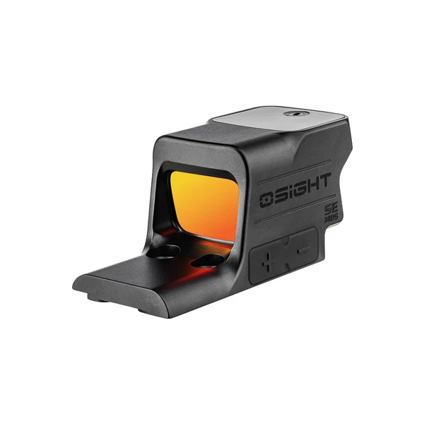 Olight Osight red dot sight with orange tinted lens and control buttons on a white background