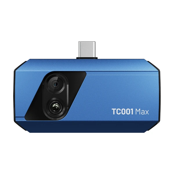 Blue TC001 Max thermal imager with USB-C connector and dual lenses on white background