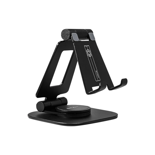 Black adjustable foldable aluminum phone stand. Desktop holder for smartphones, tablets.
