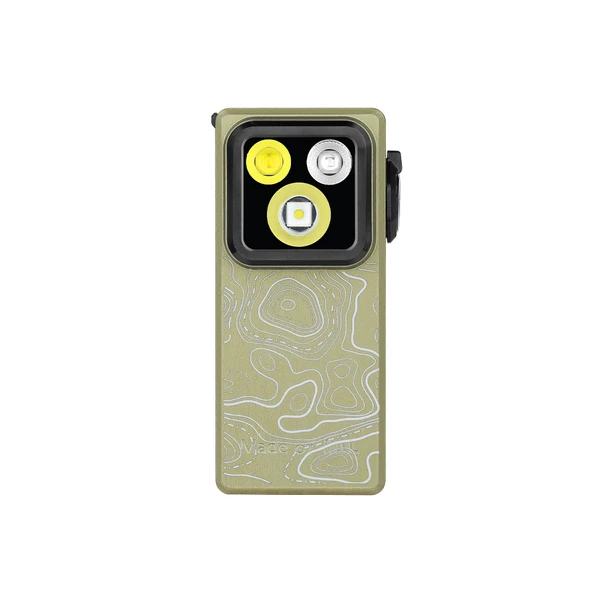 Olight Olive Green Oclip Ultra front view with topographic pattern, three LEDs, and side clip for portable illumination and EDC.