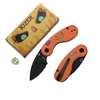 Kizer Halloween pocket knife with orange handle, black blade, and pumpkin design next to themed packaging box