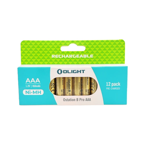 Olight Green and Blue 12-Pack AAA Ni-MH Rechargeable Batteries Front View for Everyday Devices