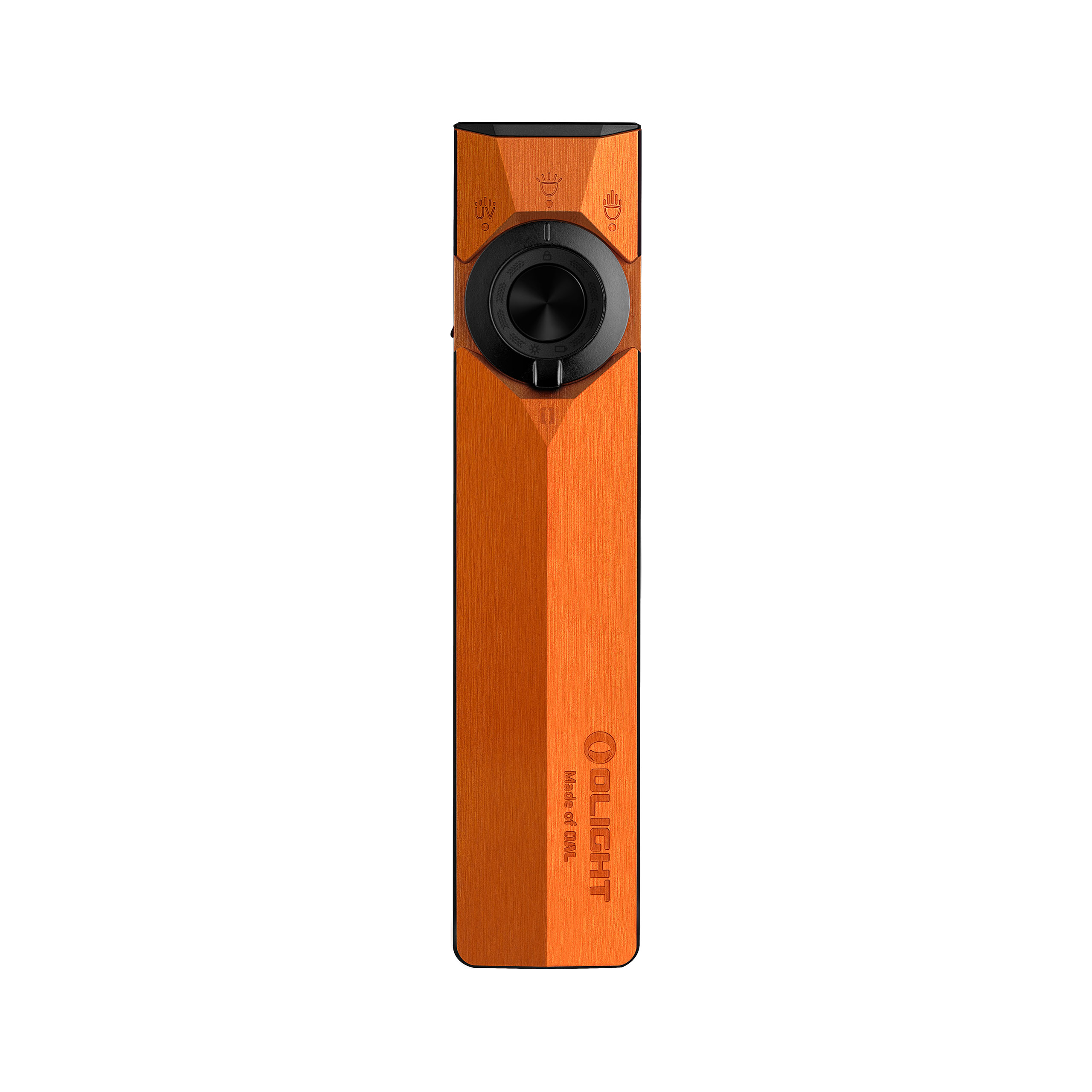 Olight Orange ArkPro Ultra Flat Flashlight Front View with Laser and UV Light for Everyday Carry