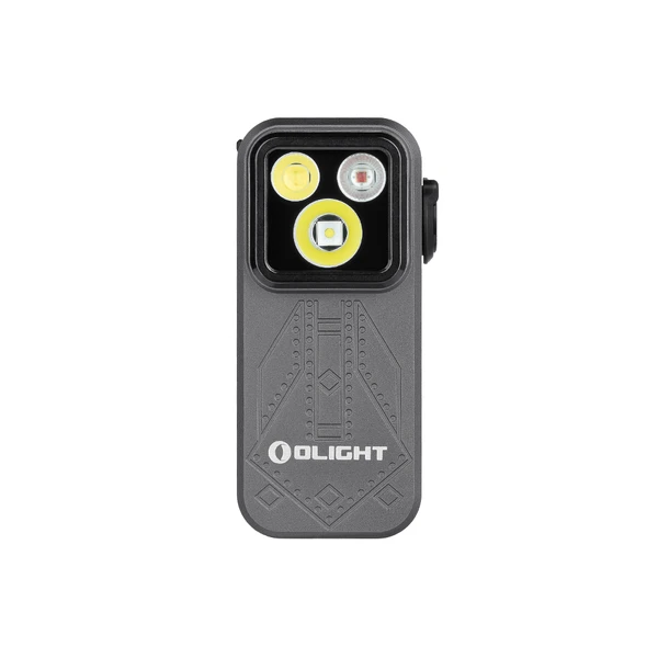 Olight Grey Oclip Pro multi-functional work light front view with flood, spot, and red LEDs for EDC and emergency.