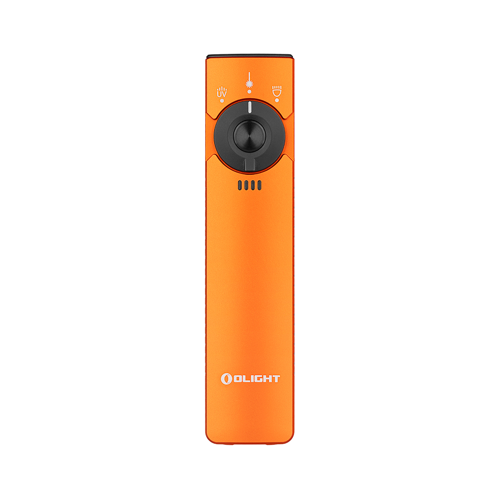 Olight Orange Arkfeld Pro Flat EDC Flashlight Front View with Selector Switch for Outdoor and Everyday Carry