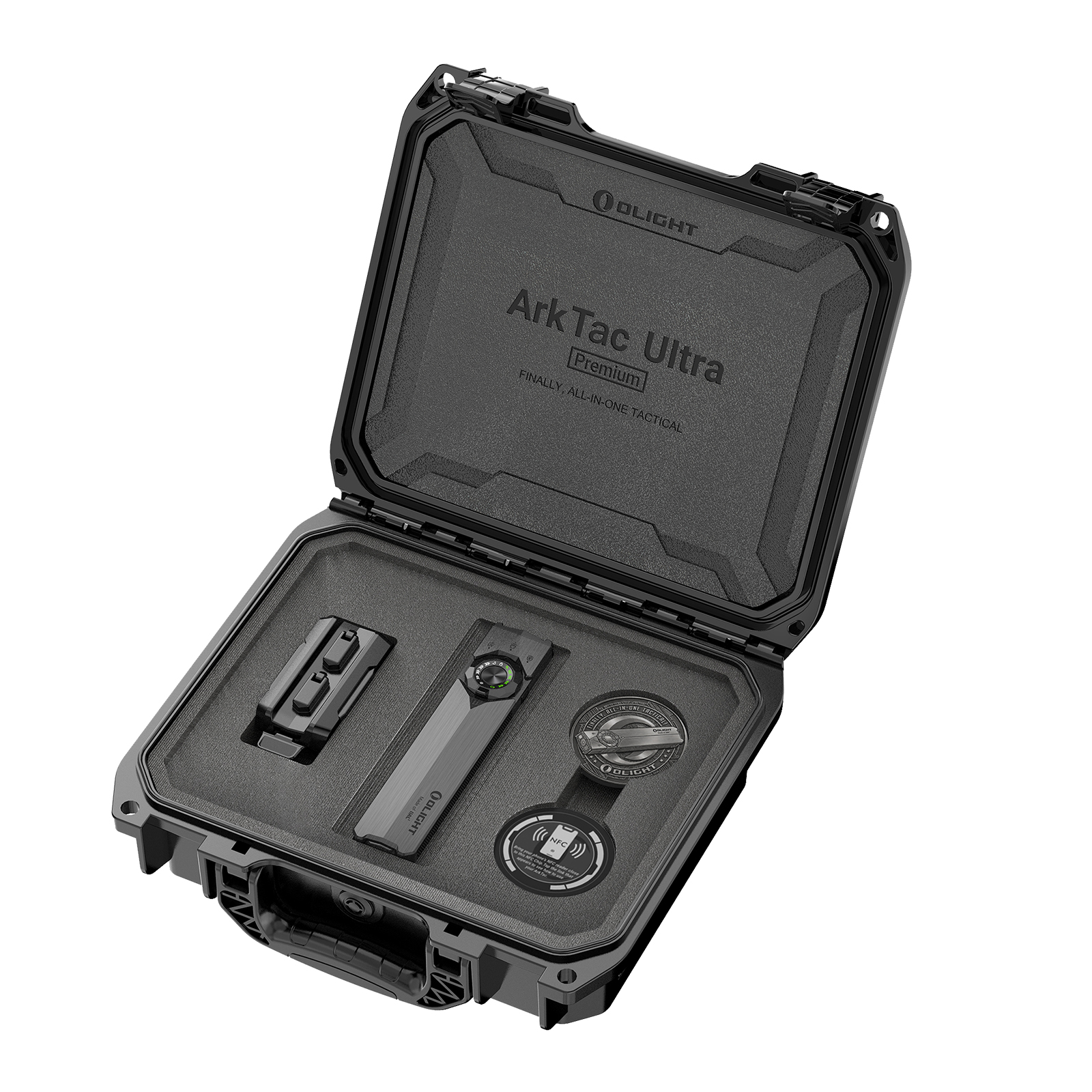 Olight ArkTac Ultra Premium all-in-one tactical kit in a protective hard carrying case with foam inserts