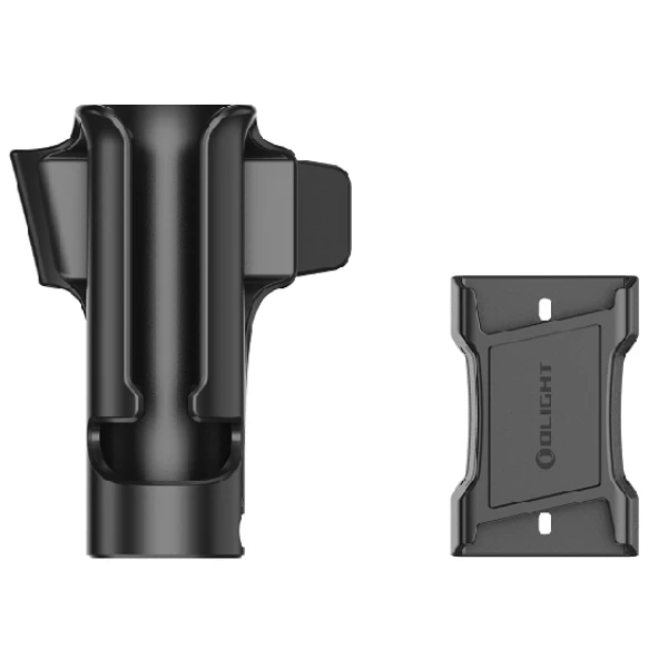 Olight black tactical flashlight holster and quick-release mounting base.