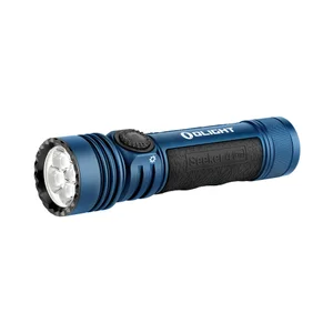 Olight Seeker 4 Pro blue powerful LED flashlight, with textured grip and metallic blue finish