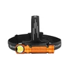 Orange Olight headlamp with three bright LEDs and an adjustable black strap.