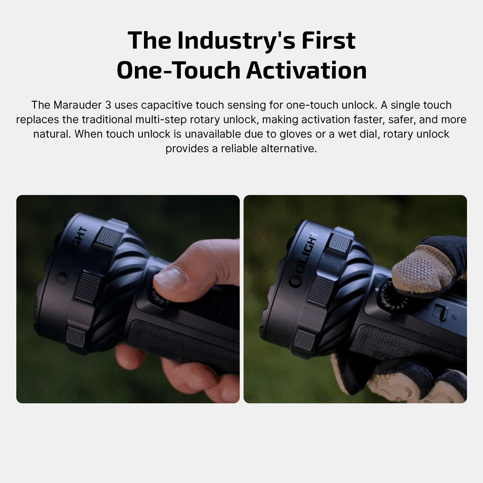 Olight Marauder 3 Black Flashlight One-Touch Activation and Rotary Unlock Features for Outdoor Search and Rescue