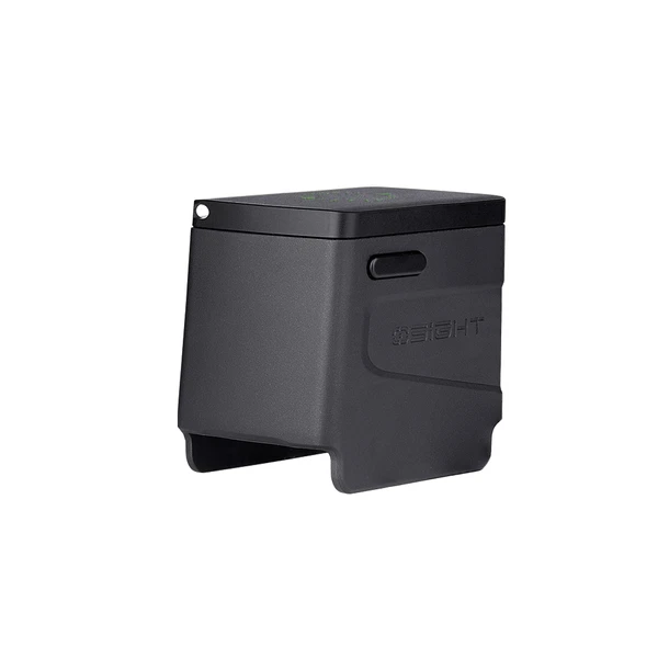 Black portable power bank with green LED battery level display.