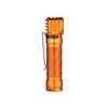 Orange Perun 3 LED flashlight with a black pocket clip and textured grip.