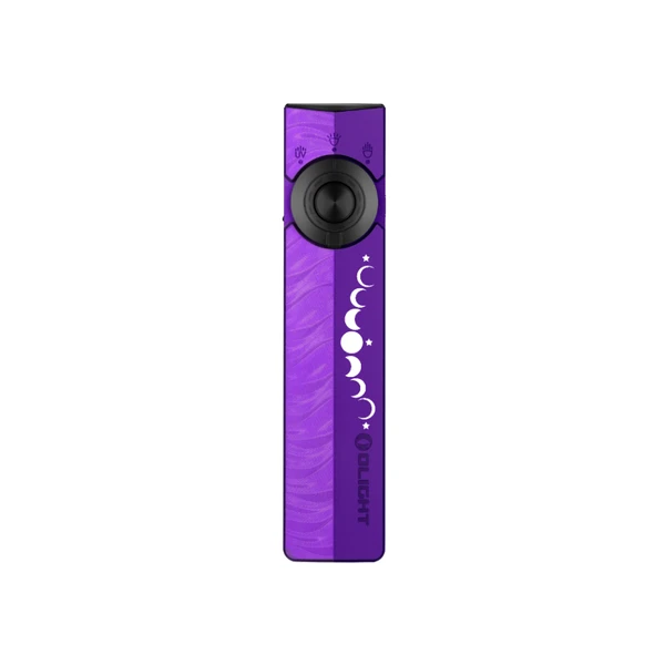 Olight Purple ArkPro Flat Flashlight Front View with Moon Phase Pattern and Selector Dial for EDC Outdoor Use