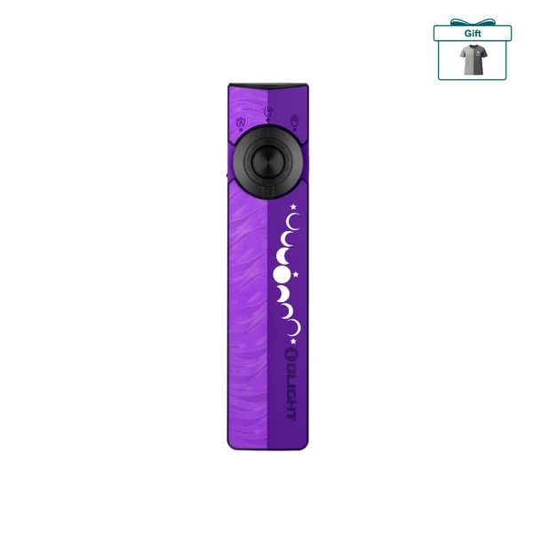 Olight Purple ArkPro Flat Flashlight Front View with Moon Phase Pattern and Laser UV Light for Everyday Carry
