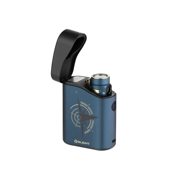 Olight Dark Blue Baton 4 Premium flashlight in open charging case with compass design for portable lighting and everyday carry