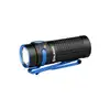 Olight Black and Blue Baton 4 Premium Edition flashlight with textured grip and pocket clip for everyday carry