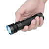 Olight Black Seeker 4 Pro flashlight held in hand, showcasing blue bezel, textured grip, and side switch for bright illumination.