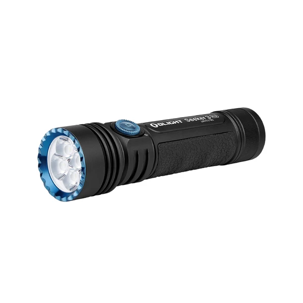 Olight Seeker 3 Pro black rechargeable LED flashlight with blue bezel and rotary switch isolated on white background