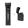 Olight Seeker 4 Pro flashlight with open wireless charger, black body, blue accents, textured grip, side switch