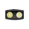 Front view of a dual-LED headlamp showing spotlight and floodlight lenses on a white background
