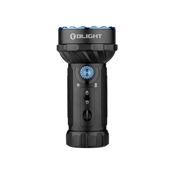 Olight Black Marauder Mini Flashlight Front View with Rotary Knob and Toggle Switch for Outdoor Search and Rescue