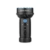 Olight Black Marauder Mini Flashlight Front View with Blue Bezel and Control Dial for Powerful Outdoor Tactical Search