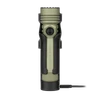 Olive green Olight tactical flashlight in a black charging holster with connected USB cable against a black background
