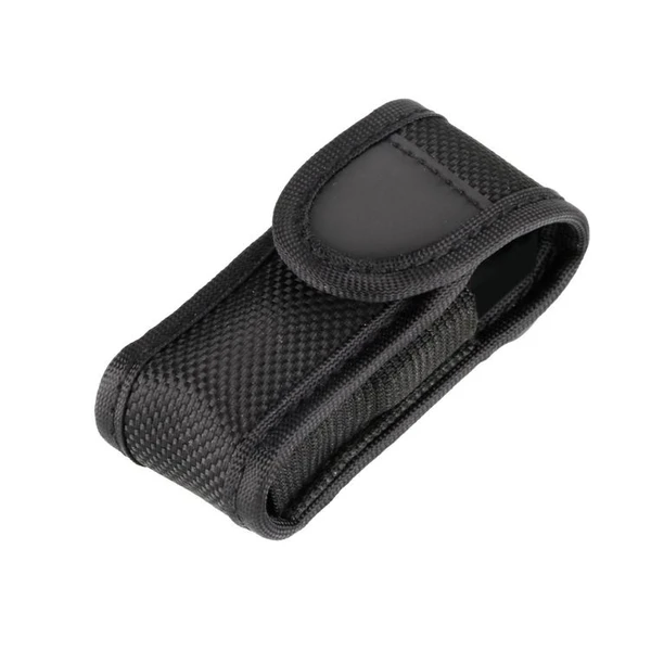 Black tactical flashlight holster with durable nylon webbing and hook and loop closure.