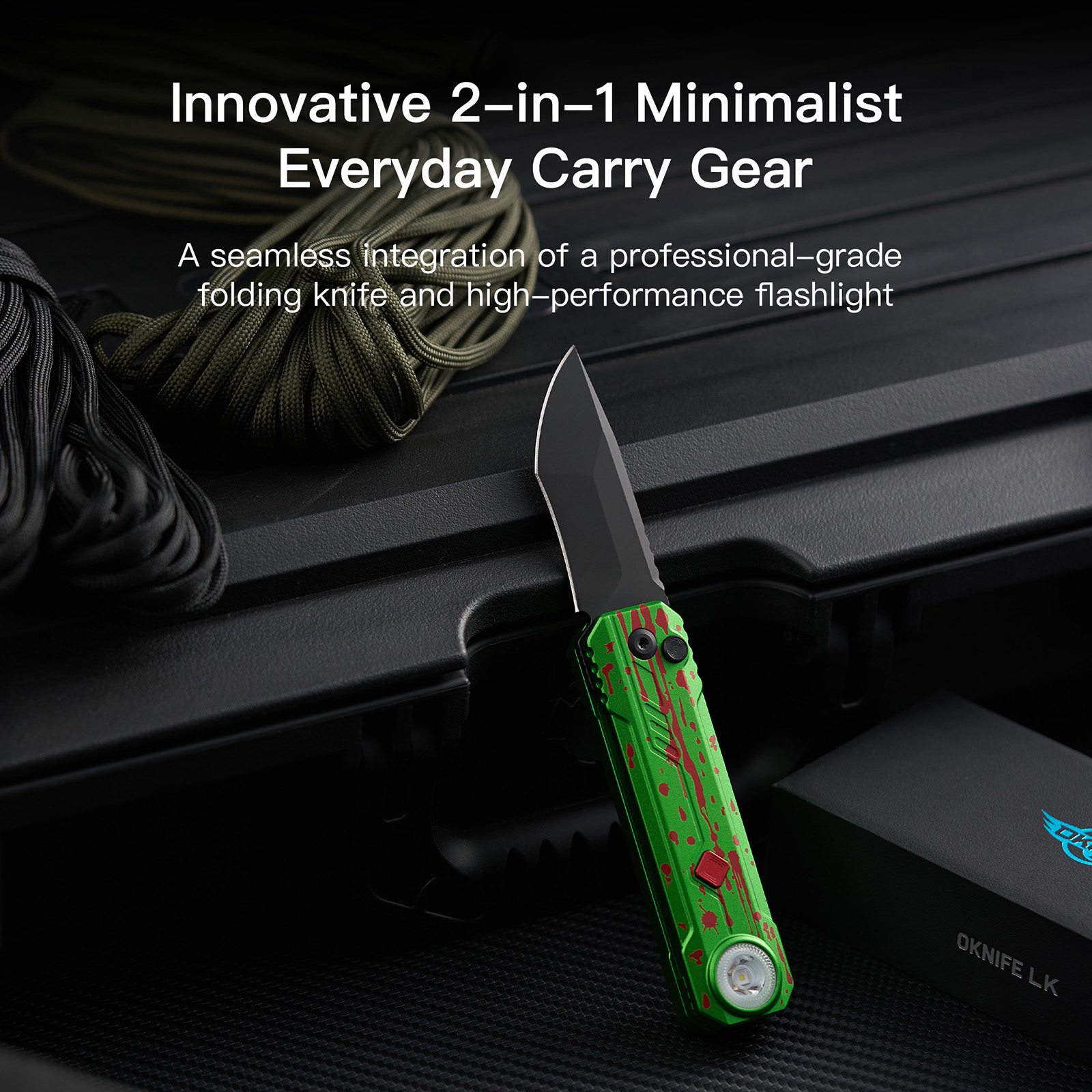 OKNIFE LK Zombie Green Folding Knife Rechargeable Flashlight EDC