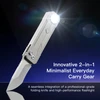 Two-in-one EDC folding knife and flashlight combo tool with a bright LED light on a blue gradient background