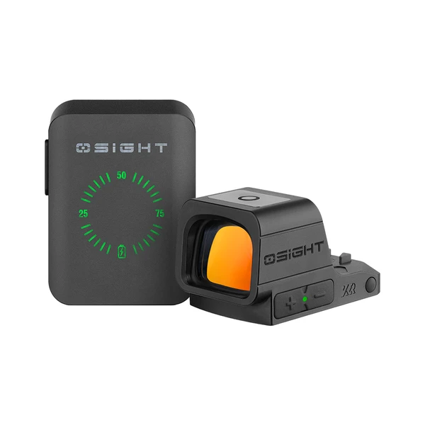 Olight Osight red dot optic with its dedicated charging cover featuring a green battery level indicator on a white background.