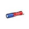 Olight I3E US flag design keychain flashlight, red, white, and blue, for everyday carry and patriotic use.